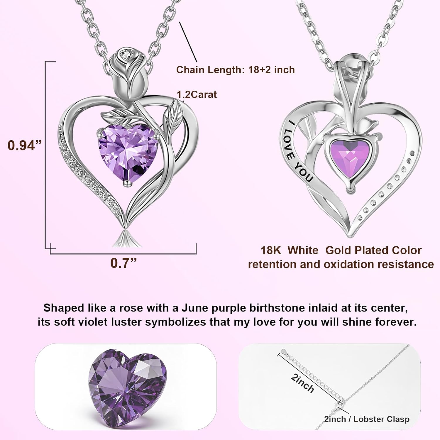 1.2CT Rose Heart Necklace Option of Moissanite or Lab-Grown Sapphire Ruby Emerald&More Necklace for Women Birthstone Girlfriend Necklace S925 Sterling Silver 18K White/Rose Gold Plated D Color VVS1 Gift for Wife Mother Daughter for Birthday Anniversary Mothers Day Necklace for Mom Engraved 'I LOVE YOU' Flower Floral Necklace Jun Purple Rose Gold