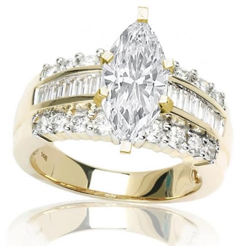 Houston Diamond District 1.6 Carat t.w. GIA Certified Marquise Cut Channel Set Baguette and Round Diamond Engagement Ring (G-H Color VS1-VS2 Clarity) Yellow Gold 6.5