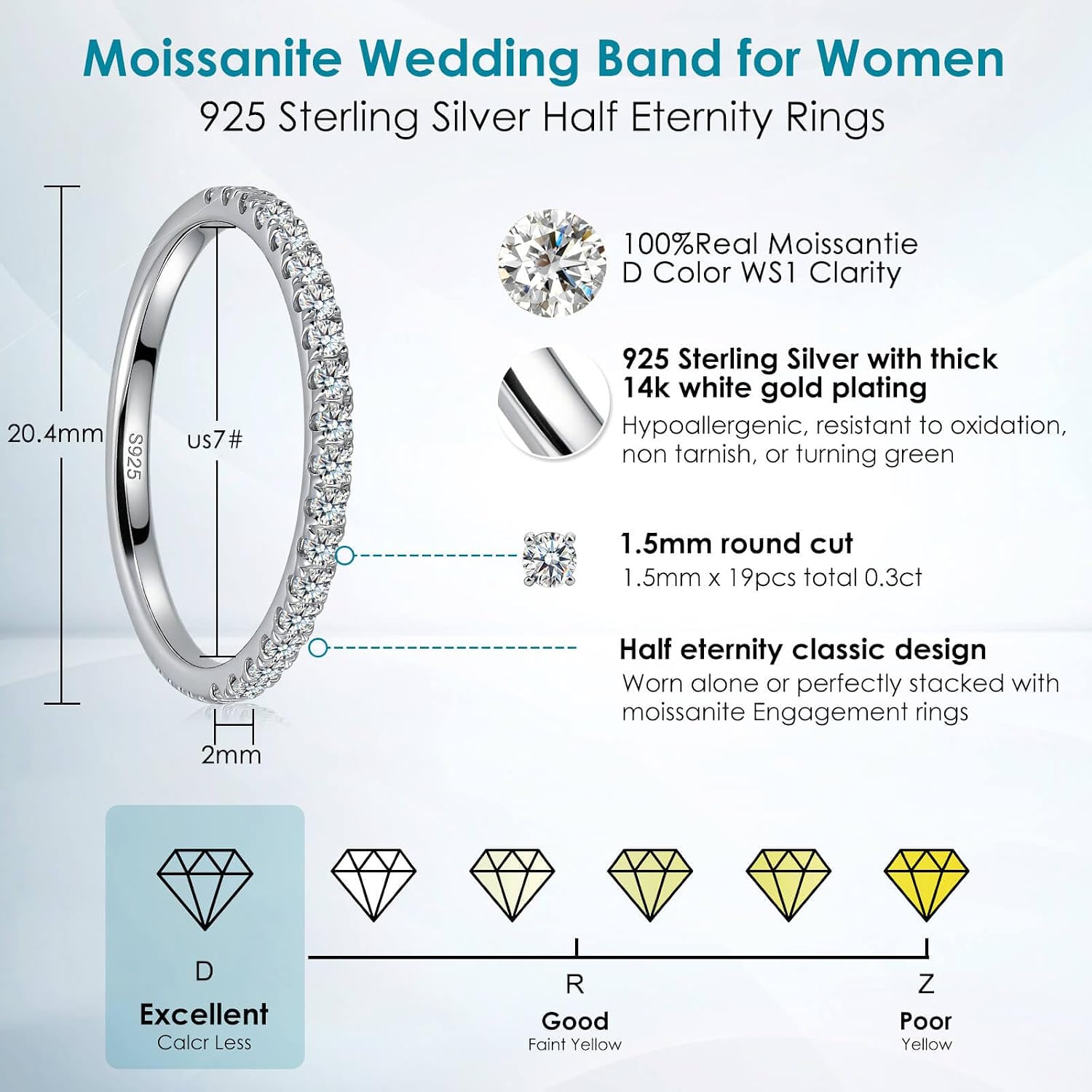 WES 1.5/1.8/2.0mm Moissanite Wedding Band - 925 Sterling Silver Half Eternity Round Stackable Moissanite Engagement Rings Anniversary Wedding Rings for Women